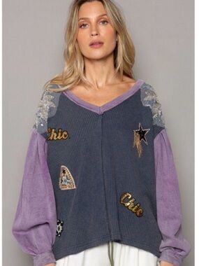 POL Purple Sleeve Gray Blue Patchwork V-Neck Pullover